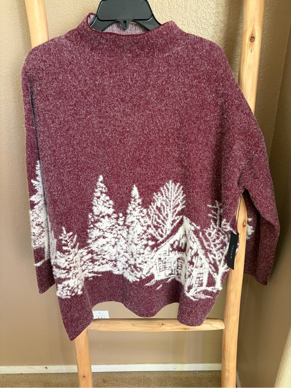 Tahari Maroon and White Scenic Turtleneck Sweater